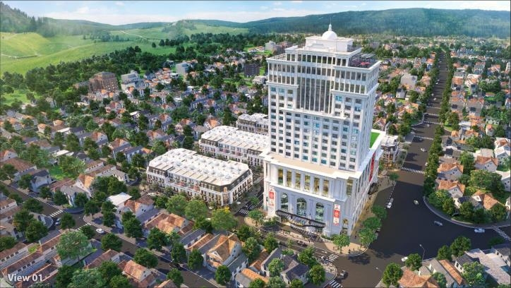Phối cảnh Vincom Shophouse Hà Giang nổi bật với khách sạn Vinpearl 20 tầng